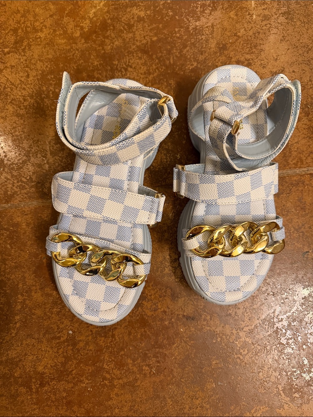 Fashion Nova Checkered Blue and White Sandals with Gold Chain Accent